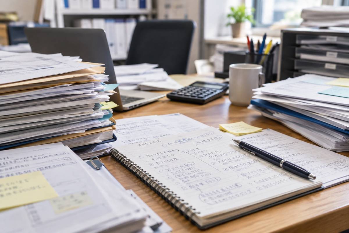 書類とファイルが積み上がった事務机に、手書きのノートとペンが置かれている場面